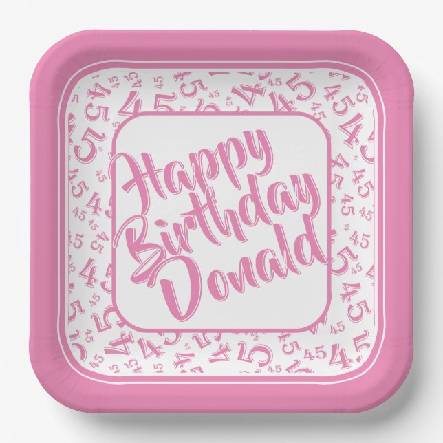 Birthday Age 45 Random Number Pattern Pink/White Paper Plate (Front)