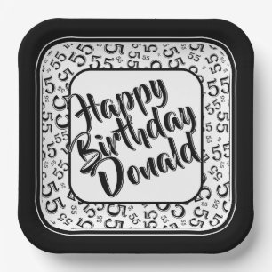 Birthday Age 55 Random Number Pattern Black/White Paper Plate