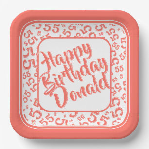 Birthday Age 55 Random Number Pattern Coral/White Paper Plate