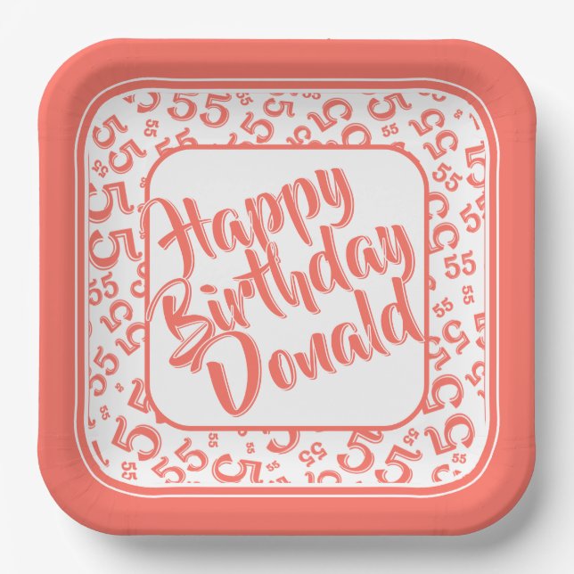 Birthday Age 55 Random Number Pattern Coral/White Paper Plate (Front)
