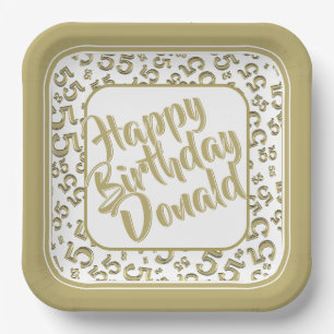 Birthday Age 55 Random Number Pattern Gold/White Paper Plate