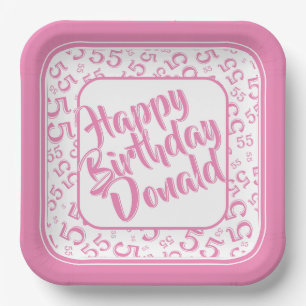 Birthday Age 55 Random Number Pattern Pink/White Paper Plate