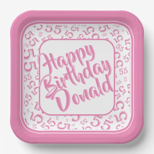 Birthday Age 55 Random Number Pattern Pink/White Paper Plate (Front)