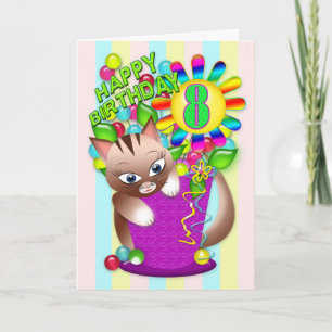 Birthday - Age 8 - Kitty Cat Celebrating Card