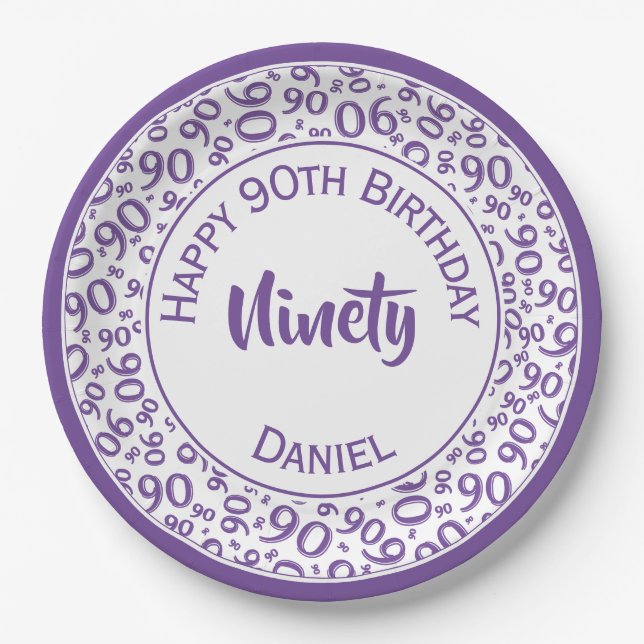 Birthday Age 90 Random Number Pattern Purple/White Paper Plate (Front)