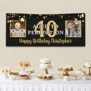 Birthday AGED TO PERFECTION Black Gold Stars Banner