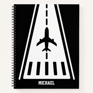 Birthday Airplane Landing Runway Black and White Notebook