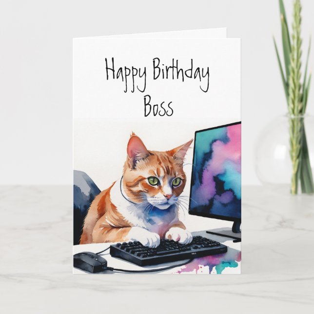 Birthday all of us group, Cat Boss Computer Cake  Card (Front)