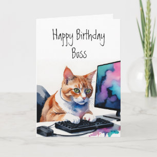 Birthday all of us group, Cat Boss Computer Cake  Card