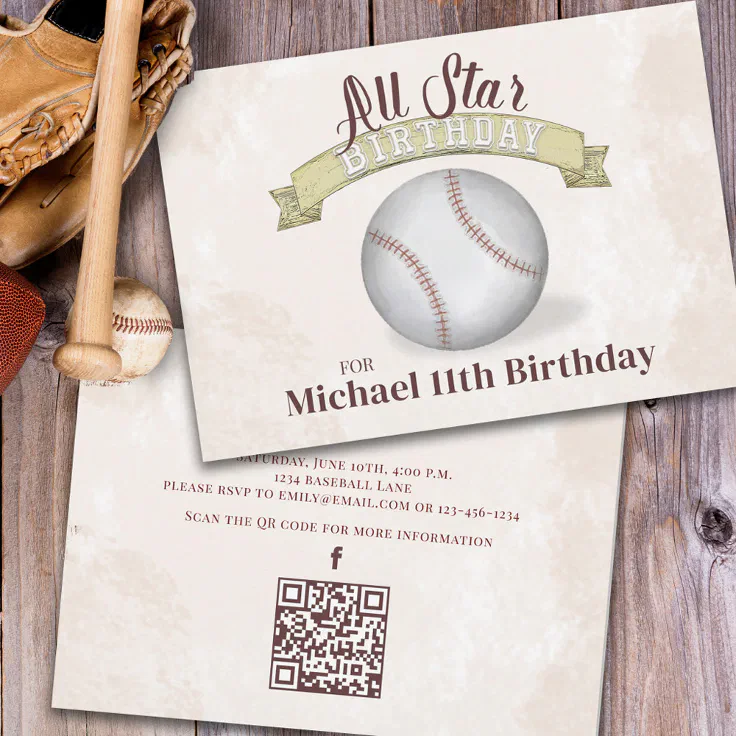 Birthday All Star Baseball QR Code Social Media Invitation Zazzle