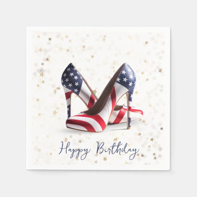 Birthday American Flag High Heel Shoes on Stars Napkin (Front)