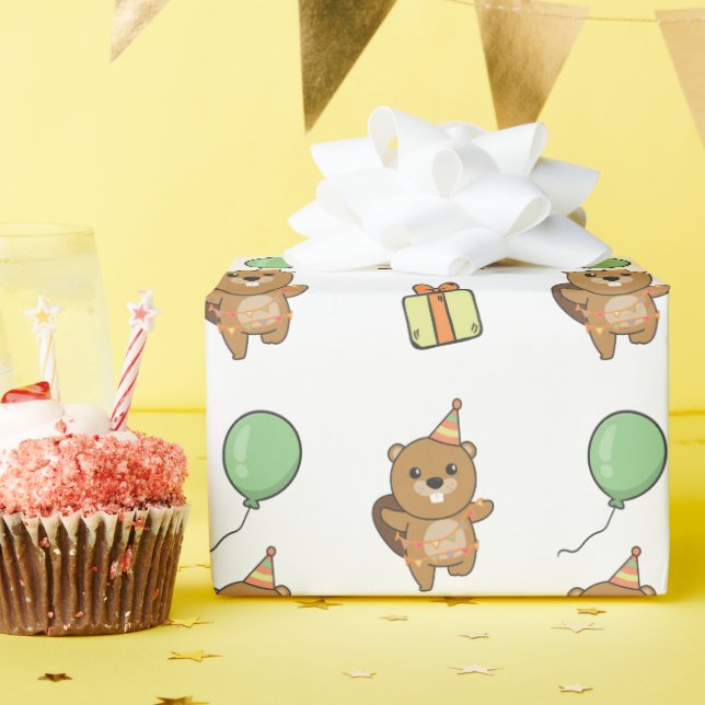 Birthday Animal Cute Beaver Kids Birthday Party Wrapping Paper (Birthday Party)