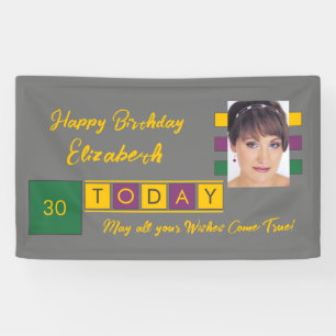 Birthday any age add photo name green grey party banner