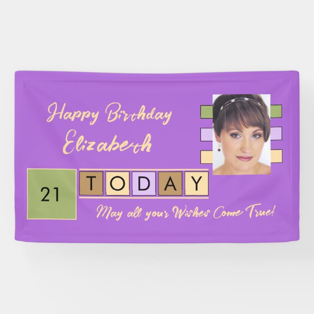 Birthday any age add photo name purple party banner (Horizontal)