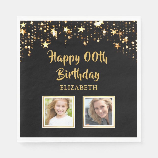 Birthday ANY AGE Then and Now Photos Gold Stars Napkin (Front)