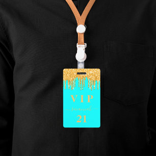Birthday aqua gold glitter drips monogram vip ID badge
