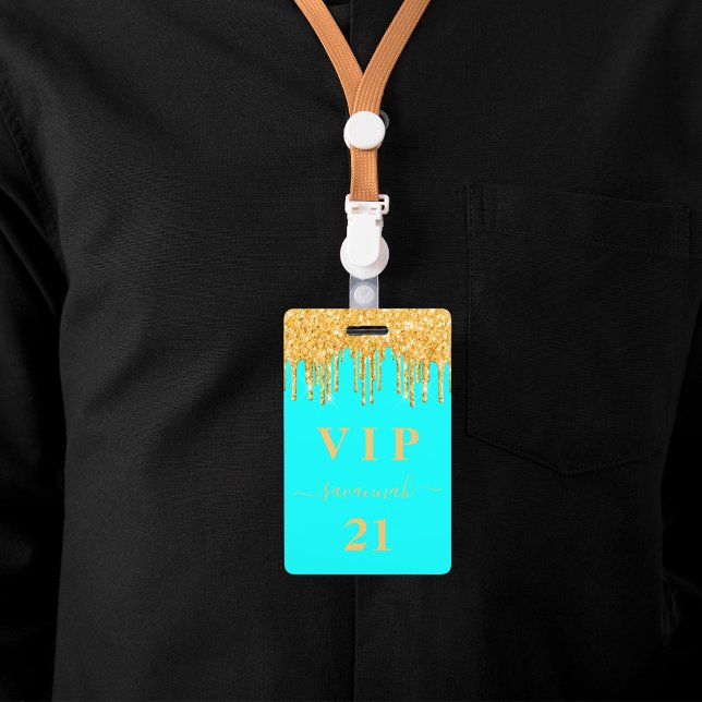 Birthday aqua gold glitter drips monogram vip ID badge (Creator Uploaded)