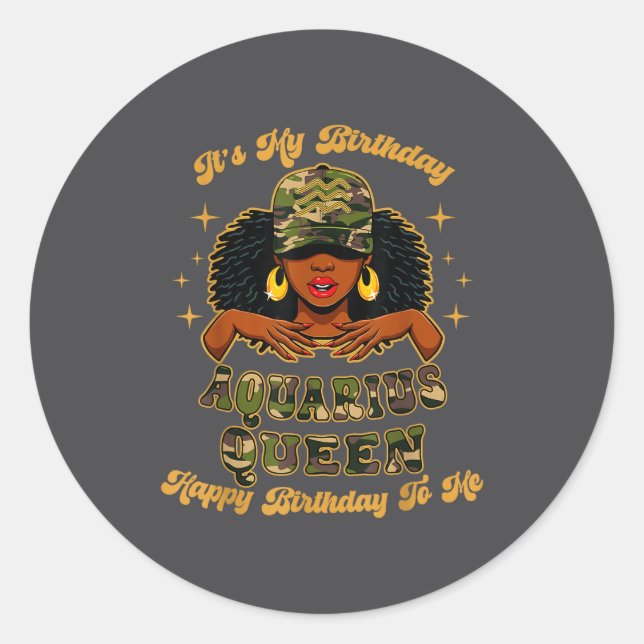 Birthday Aquarius Queen Camo Black Woman African Z Classic Round Sticker (Front)