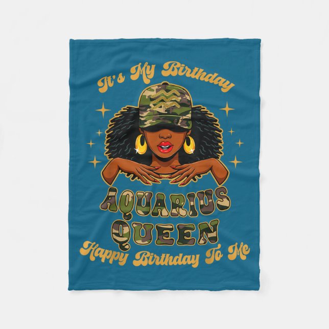 Birthday Aquarius Queen Camo Black Woman African Z Fleece Blanket (Front)