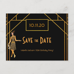 Birthday art deco 1920's retro save the date postcard