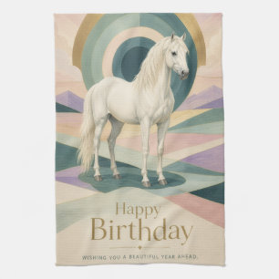 Birthday Art Deco White Horse Geometric Tea Towel