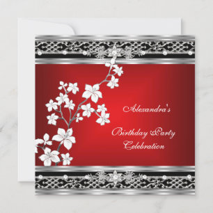Birthday Asian Red Black Floral Silver White Invitation