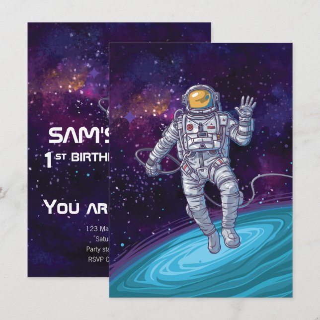 Birthday. Astronaut in Space with Stars & Galaxy. Invitation (Front/Back)