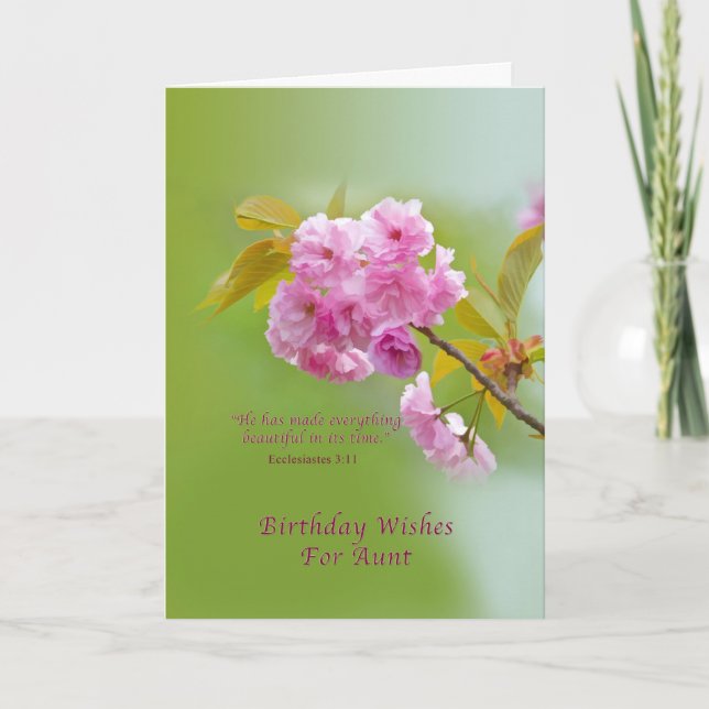 Birthday, Aunt, Cherry Blossoms, Pink and Green Card (Front)