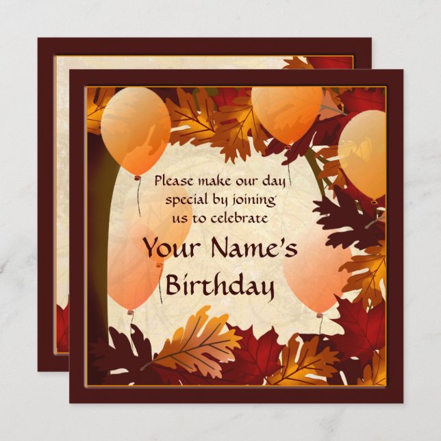 Birthday Autumn Colours Tree Leaves Custom Party Invitation (Front/Back)