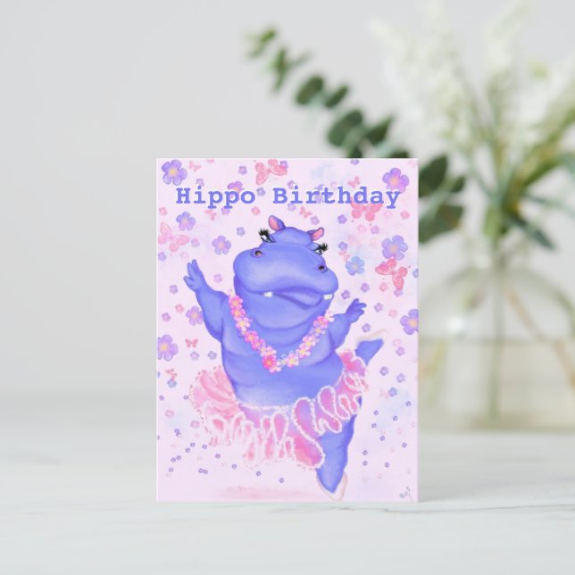 Birthday Baby Card Ballerina Hippo - Your Text (Standing Front)