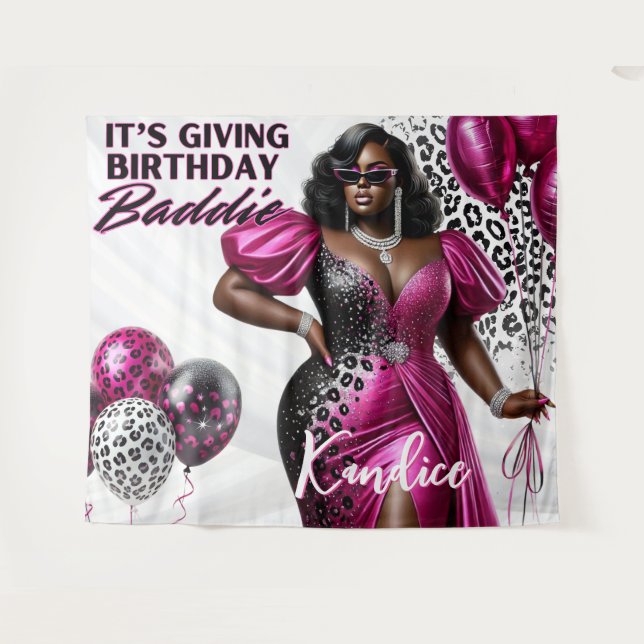 Birthday Baddie Black Woman Pink & Leopard Tapestry (Front (Horizontal))