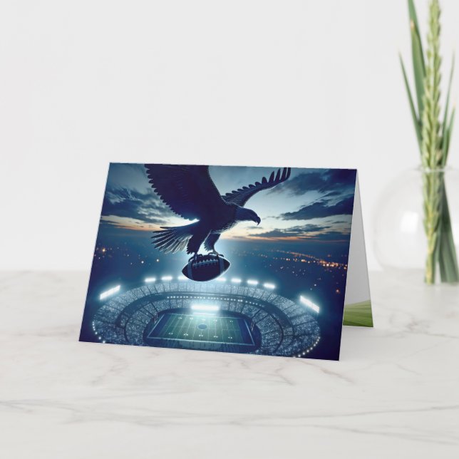 Birthday Bald Eagle Flying Over a Football Stadium Card (Front)