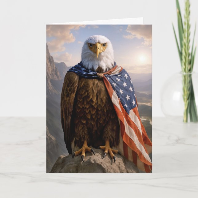 Birthday Bald Eagle With American Flag Cape Card (Front)