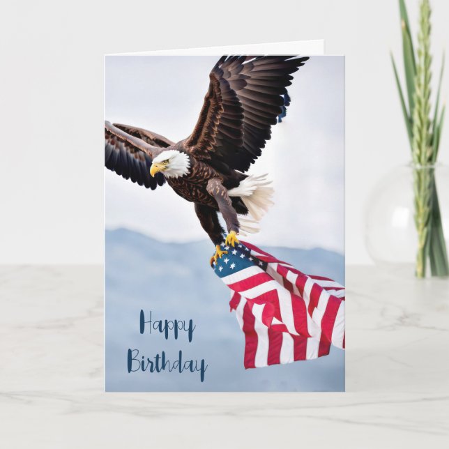 Birthday Bald Eagle With American Flag Card (Front)