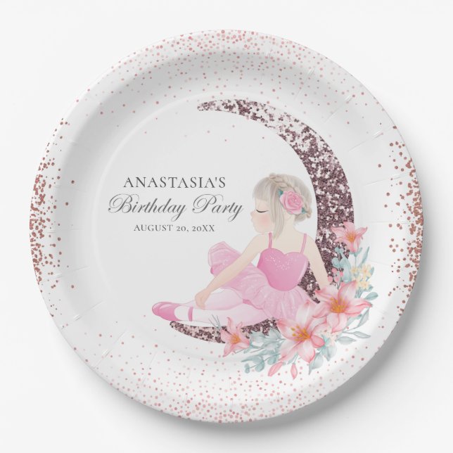 Birthday Ballerina Moon Glitter Personalised Paper Plate (Front)