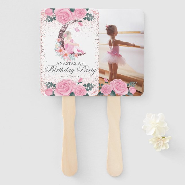 Birthday Ballerina Moon Pastel Pink Glitter Photo Hand Fan (Front and Back)