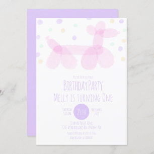 Birthday Balloon Animals Purple Pink Pastel  Invitation