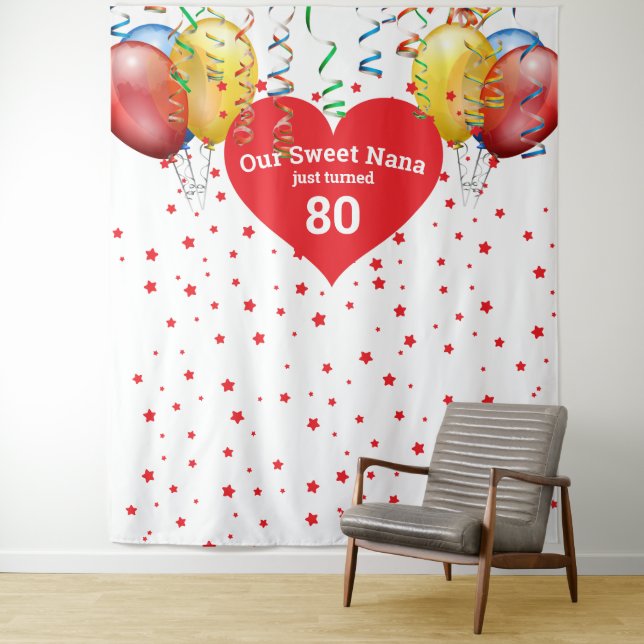 Birthday Balloon Backdrop 80th Nana Photo Prop Tapestry (In Situ)