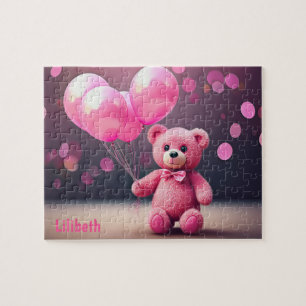 Birthday Balloon Bear in Pink Personalised Jigsaw Puzzle