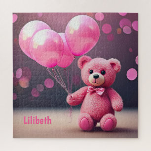 Birthday Balloon Bear in Pink Personalised Jigsaw Puzzle