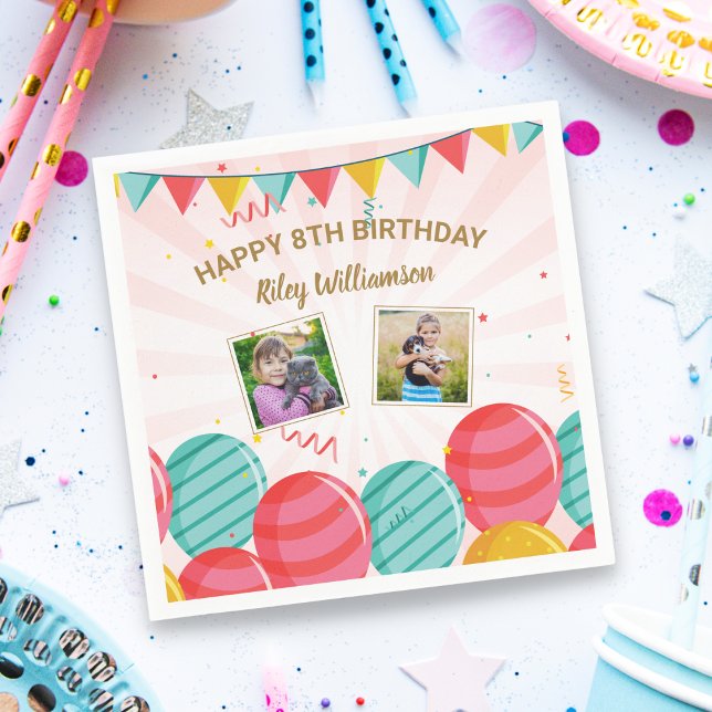 Birthday Balloon Gold Pink Confetti Photos Any Age Napkin (Creator Uploaded)