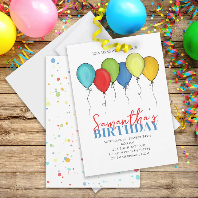 Birthday Balloons Confetti Modern Party Cute Fun Invitation | Zazzle