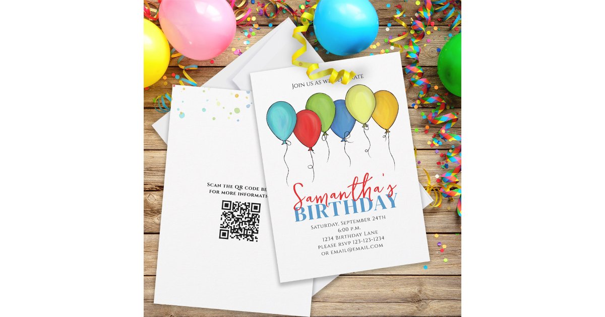 Birthday Balloons Confetti Modern Party QR Code Invitation | Zazzle