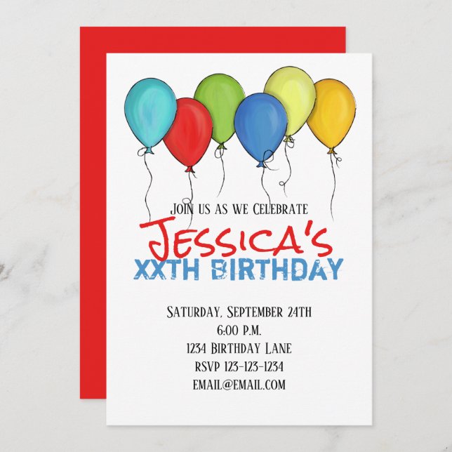 Birthday Balloons Confetti Party Modern Invitation (Front/Back)