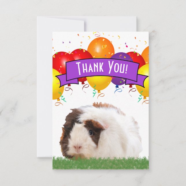 Birthday Balloons Cute Guinea Pig Purple Banner Thank You Card (Front)