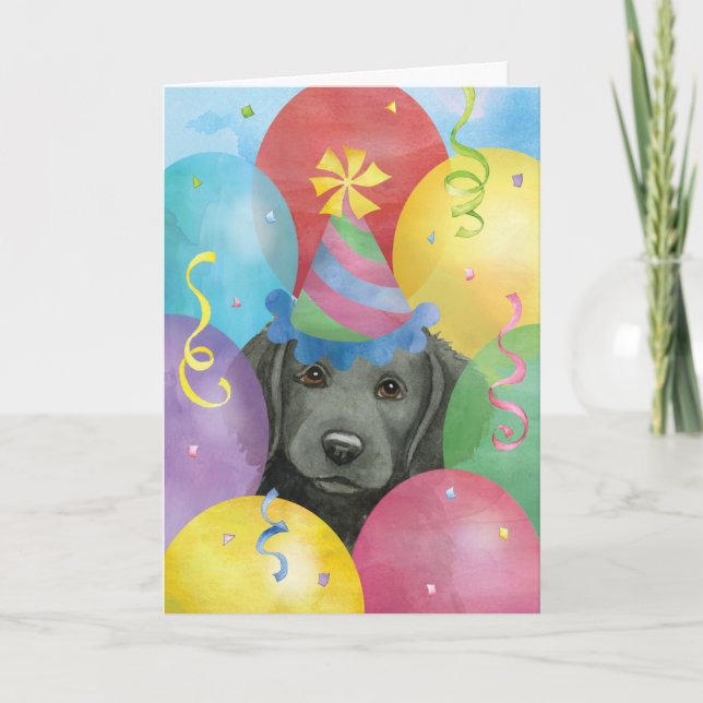 Birthday Balloons Flat-Coated Retriever Card (Front)