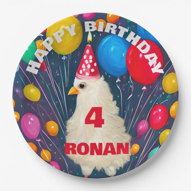 Birthday Balloons Funny Chicken Poster Paper Plate (Front)