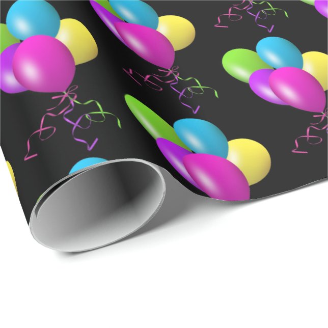 Birthday Balloons on black Wrapping Paper (Roll Corner)