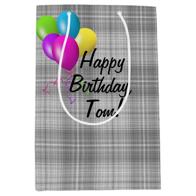 birthday balloons on grey plaid medium gift bag (Front)