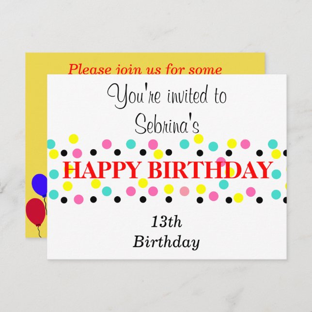 Birthday Balloons Polka Dots Invitation (Front/Back)
